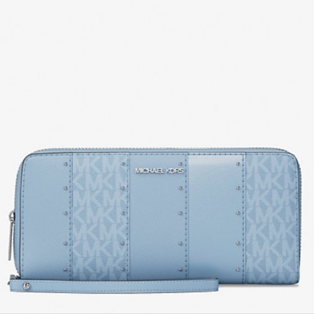 Michael Kors Jet Set Large Studded Patchwork And Canvas Continental Wallet